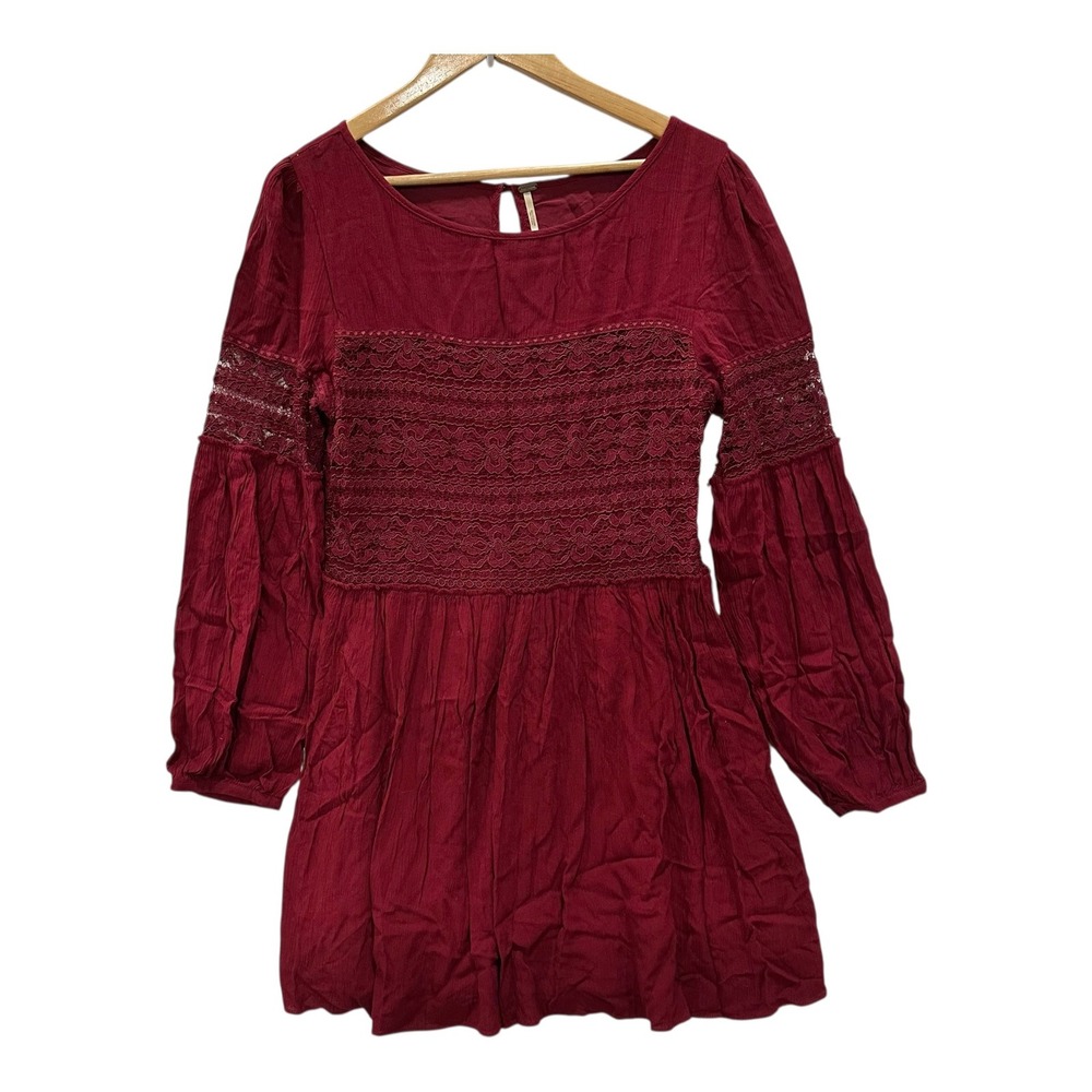 Free People Burgundy Lace Crochet Boho Mini Dress Long Sleeve Wine Red Size 12